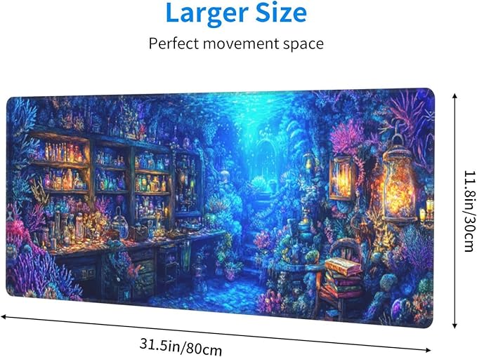 Magical Sea Mouse Pad 31.5 X 11.8 Inch Big Desk Rubber Base Stitched Edges Keyboard Pad XXL Mouse Mat for Home Game and Office