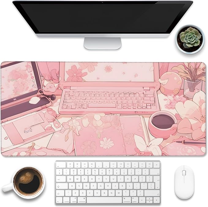 Large Gaming Mouse Pad for Desk,Pink Kawaii Anime Girl Desk Desk Mat,Kawaii Anime Desktop Desk Pad,Extended Big Computer Keyboard Mouse Pad with Non-Slip Base and Stitched Edge,35.4"x15.7"