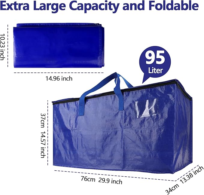 12 Pack Waterproof Moving Bags with Strong Zippers and Reinforced Handles, Real 100lb Capacity Extra Heavy Duty Large Storage Totes for Packing & Moving Storing, Alternative to Moving Boxes -95L,Blue