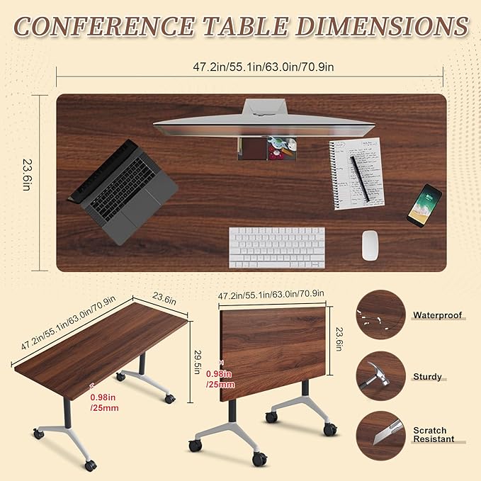 Folding Conference Room Table, Modern Conference Tables with Wheels, Large Rectangular Mobile Training Tables for Office Classroom, Foldable Modular Boardroom Seminar Table (2pack L55.1in)
