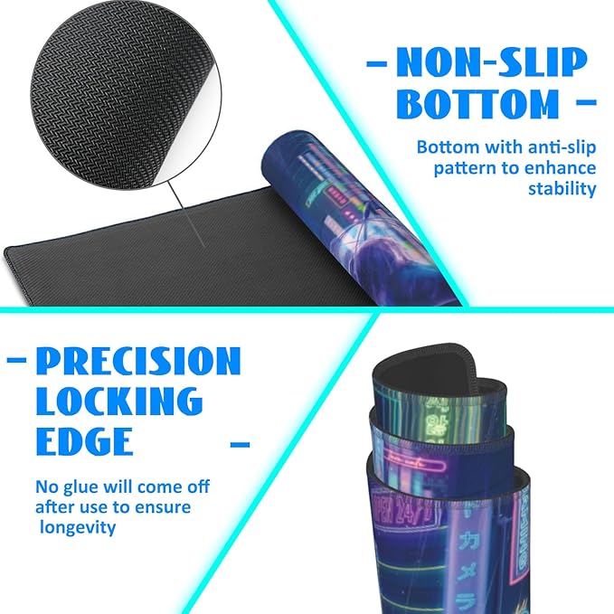 Desk Mat, Neon City Rainy Night Extended Gaming Mouse Pad Large, 31.5"x11.8" Big Mouse Pad with Non-Slip Base and Stitched Edge, Long Computer Keyboard Mouse Mat for Home Office Work