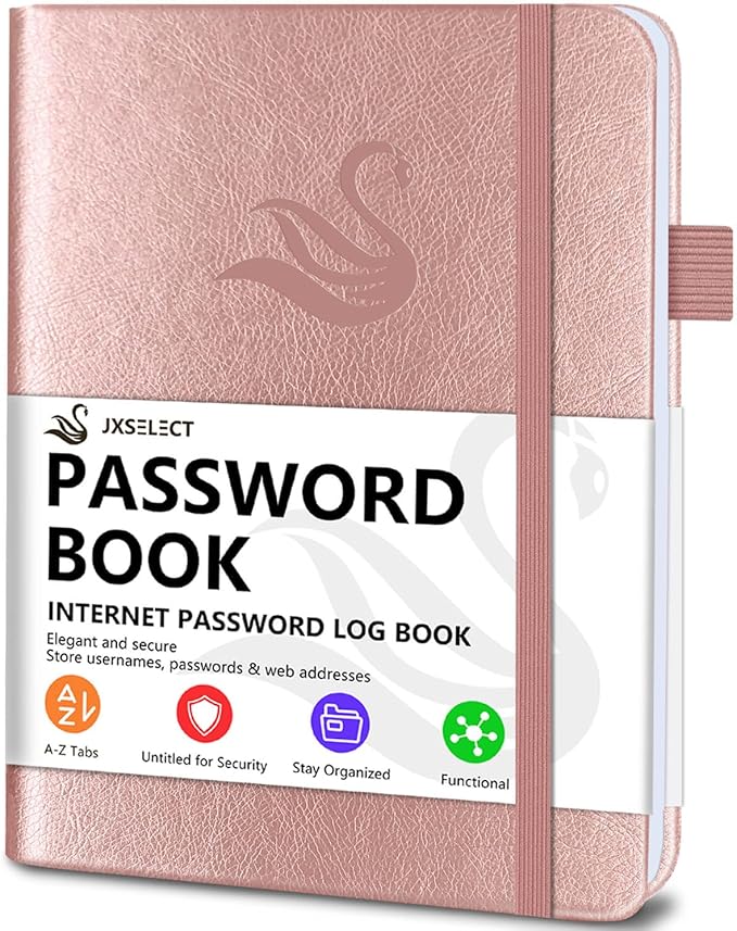 Elegant Password Book with Alphabetical Tabs - Hardcover Password Book for Internet Website Address Login - 7" x 10" Password Keeper and Organizer w/Notes Section & Back Pocket (Rose Gold)
