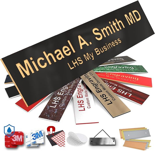 Engraved Door Signs for Office Personalized Black Plastic Door Plaque Gold Letters - Made in USA 2x8 B3