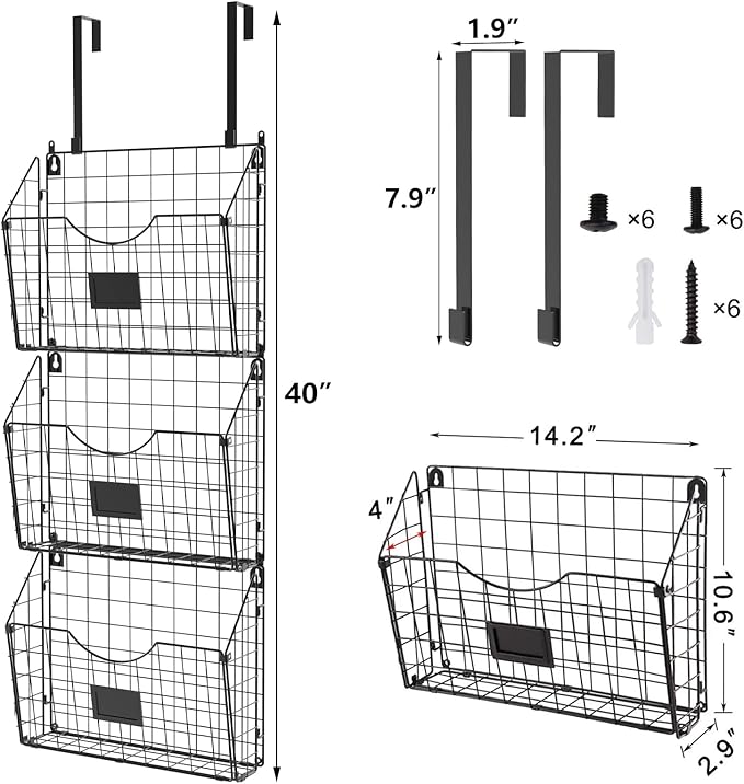 X-cosrack 3-Tier Hanging Wall Files Rack with Door Hooks and 6pcs S Shape Hooks, Over the Door File Organizer &Mounts on Wall Metal Folder, with Tag Slot Great for Office Home and Work- Black