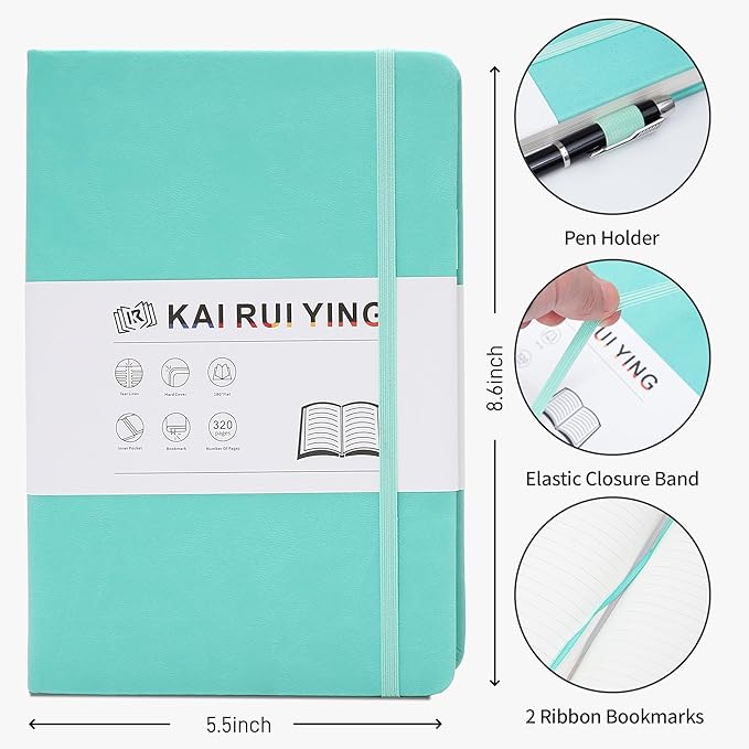KaKaiRuiYing Lined Journal Notebook with Pen Holder, 320 Pages, 5.5'' × 8.6'' Medium Size A5-100 GSM Thick Paper, for Writing, Work, Office, Leather Hardcover