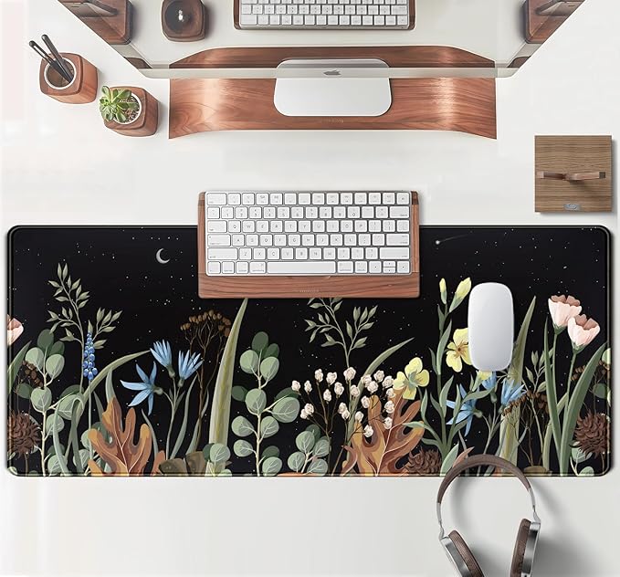 Cute Gaming Black Wild Flowers Desk Mat Mouse Pad Star Moon Floral Mousepad Large, XL Big Computer Keyboard and Mouse Mat Desk Pad Mat with Stitched Edge for Women Office Decor Deskmat 31.5x11.8 in