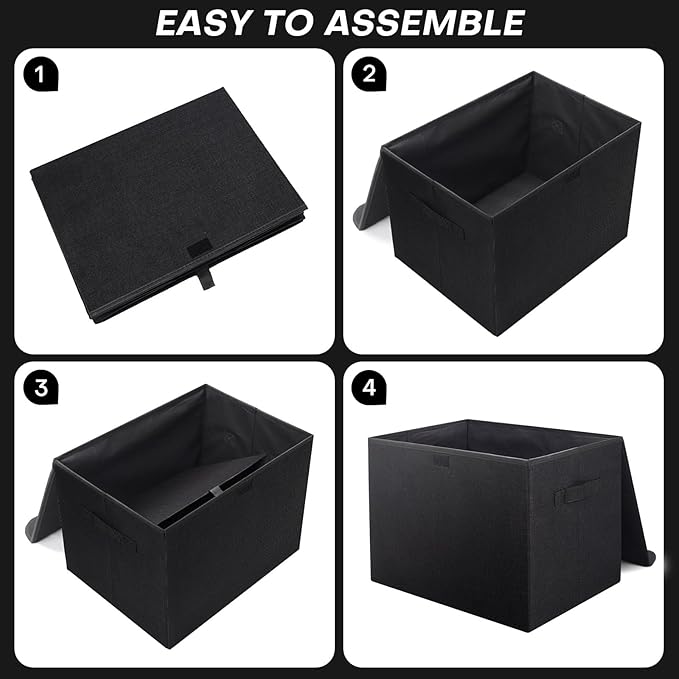 Large 17" 42 Quarts Collapsible Stackable Storage Bins with Lids [3-Pack] Foldable Fabric Linen Storage Boxes Cube, Closet Organizer Baskets with Label (16.7 x 12 x 12", Black)