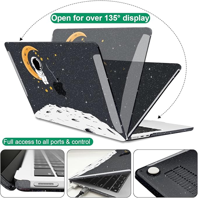 for MacBook Air 13.6 inch Case 2025 2024 2023 2022 Release M4 A3240 M3 A3113 M2 A2681, Glitter Black Printed Plastic Hard Shell Case Cover for Mac Air 13.6 M4 Chip Touch ID, Astronaut Moon