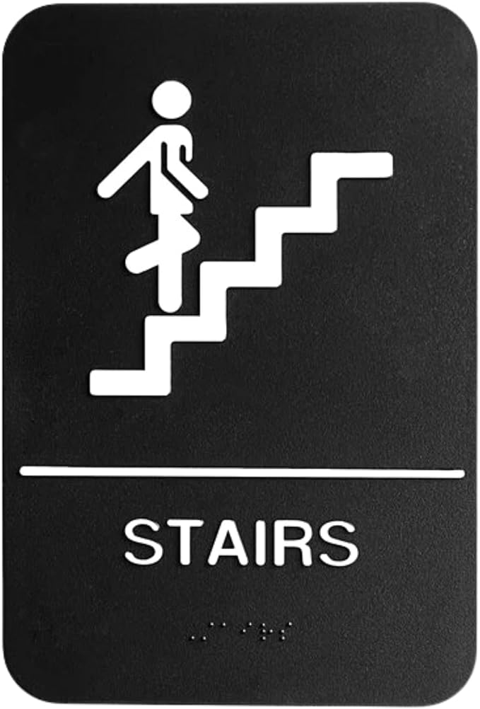 ADA Stairs Sign with Braille with Adhesive Back - Durable and Wipe Clean Plastic - 9"X6" - Black and White - Business Restaurant Signage for Indicating Stairs - ADA Compliant - 1 PK
