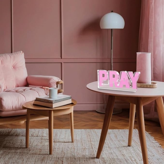 Pink Inspirational Pray Decoration, Office Desk Accessories Decor Sign, Pink Standing Peace Desk Decor for Dorm Room Bathroom Office, 3D Pray Christian Bible Verse, Gifts for Women Mom Sister Friend