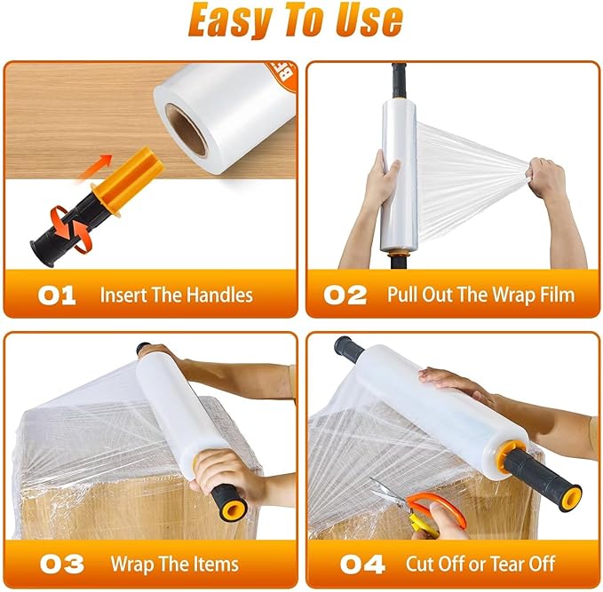 BETU Plastic Wrap Stretch Film for Moving Supplies 15inch X 1000ft, Shrink Wrap Stretch Roll Industrial for Furniture Wrapping Shipping Pallet Moving Boxes Storage with Handles, 4 Pack, Clear