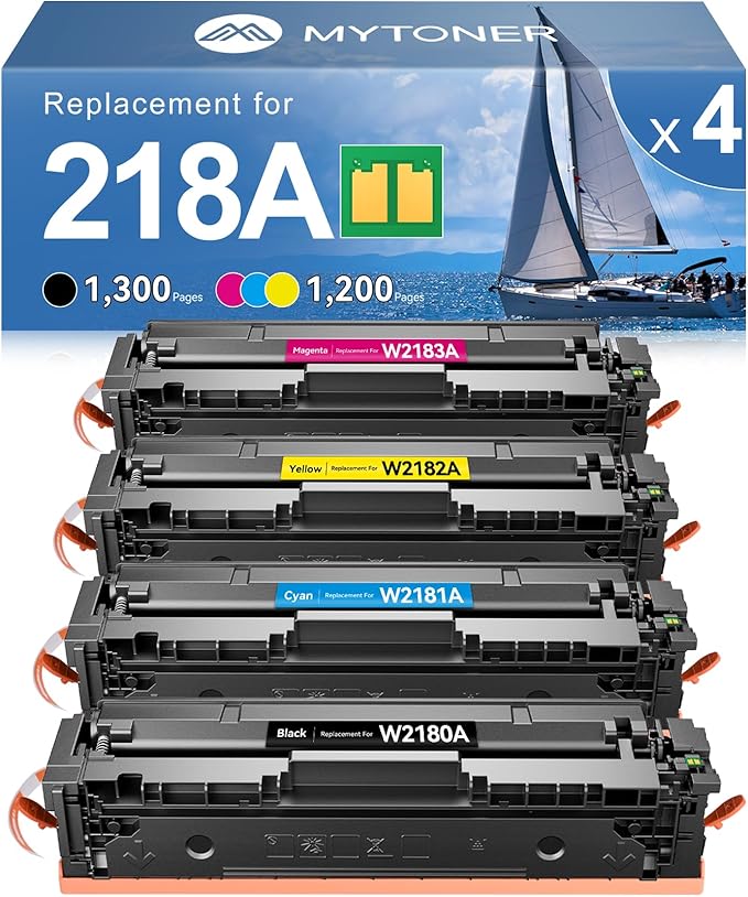 MYTONER 218A Toner Cartridges 4 Pack 3301fdw (with Chip) Replacement for HP 218A W2180A 218X W2180X for Color Laserjet MFP 3301fdw 3301cdw Pro 3201dw 3301sdw Printer Ink Black Cyan Magenta Yellow