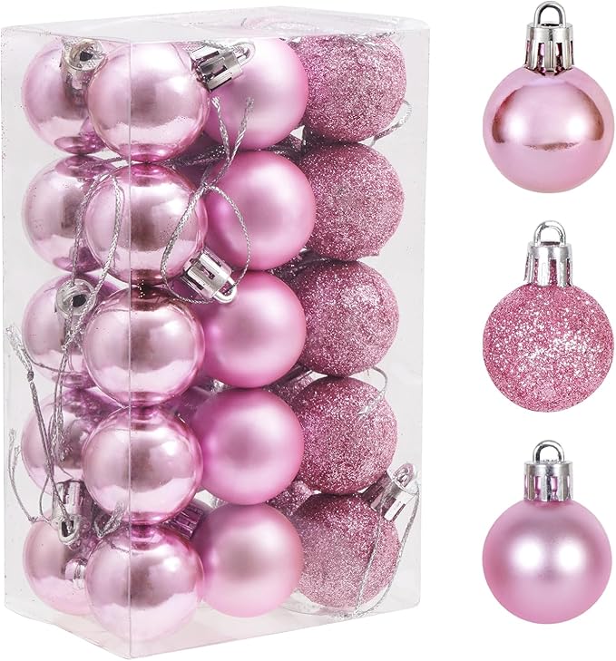 30ct Christmas Ball Ornaments, 1.18" Shatterproof Tree Decorations, Perfect Hanging Ball for Indoor/Outdoor Holiday Party Decor (Pink)