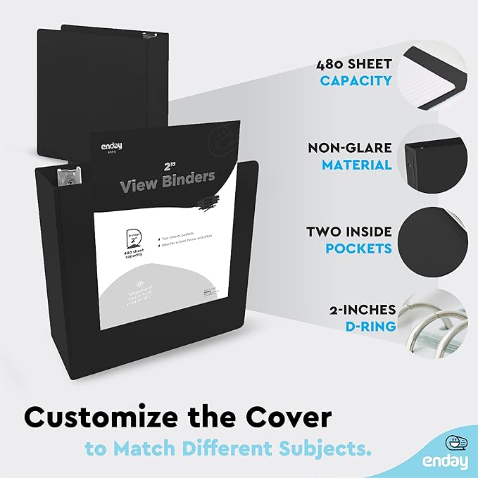 2 Inch 3 Ring Binder 2” Black, Slant D-Ring 2 in Binder Clear View Cover with 2 Inside Pockets, Heavy Duty Colored School Supplies Office and Home Binders – by Enday