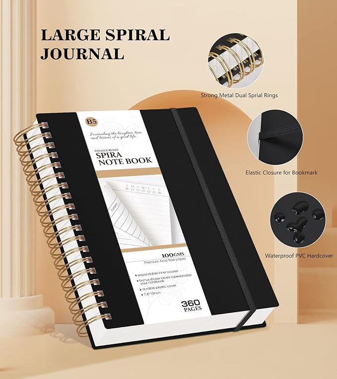 Spiral Notebook Journal College Ruled 8.5''x 11'', 360 Pages Lined Thick Journals for Women Men, A4 Large Writing Spiral Journal with 100GSM Paper, Spiral Notebooks for Work, School Black