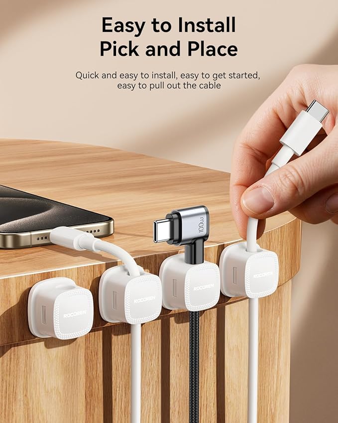 30 Pack Cable Management Cord Organizer,Magnetic Cable Clips-1s Lock,Rocoren Desk Adhesive Cord Cable Clip Wire Holder Keeper for Phone Charger Wire,Nightstand,Car,Office,Desktop Accessory,White