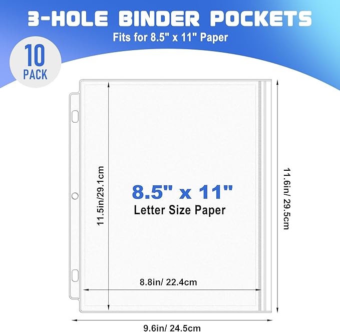Antner 10 Pack Letter Size Binder Pockets 3 Ring Binder Zipper Pouch, 3-Hole Waterproof Resealable Zip Loose Leaf Insert Bags PVC Document Organizer Folders Page Sheet Protectors for 8.5x11 Paper