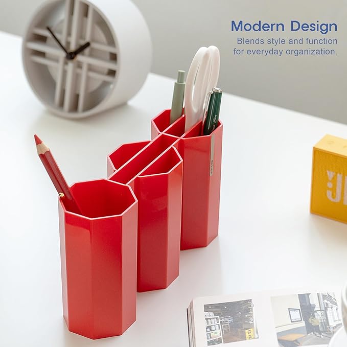 AonT Design Small Desk Organizer - Red Pen Tray & Holder (Multi-Compartment) (Made in Korea) – Modern Office Storage Supplies Organizer and Aesthetic Decor for Accessories