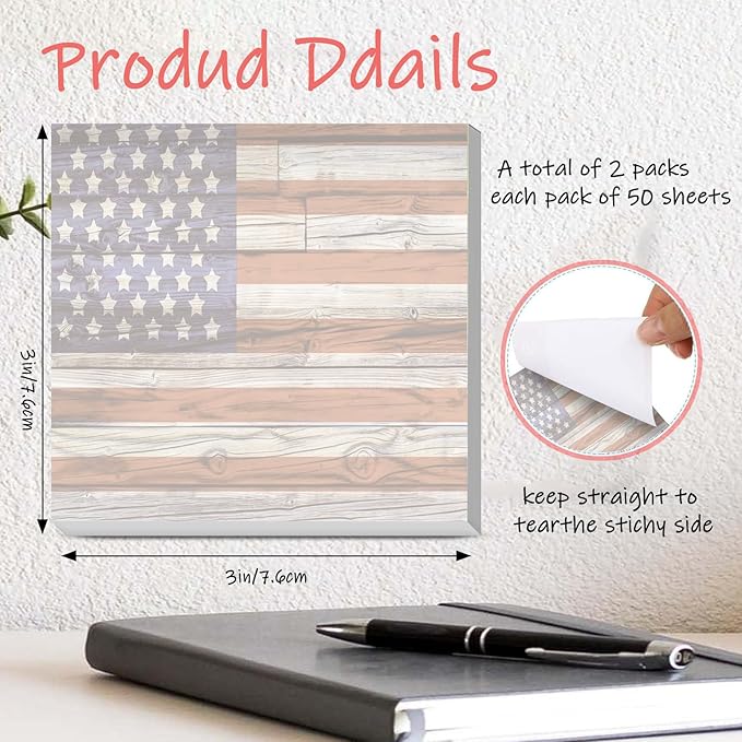 Sticky Notes 3x3 Inches, 2 Pads Cute Colorful Self-Stick Note Pads, Easy to Post for Home, Office and Daily Life Organization Woody Flag