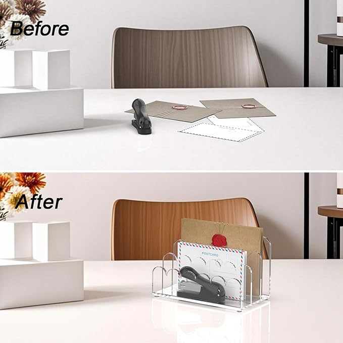 YAGELI 2 Pack 3-Slot Acrylic Mail Organizer for Desktop – Scalloped Clear Document Sorter, Vertical File Holder for Office/Home, Space-Saving Desk Organizer for Letters, Bills, Stationery