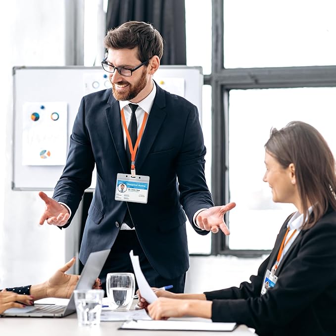Marspark 50 Sets Clear Name Tags with Lanyard, Lanyards for ID Badges Reusable Strap with ID Holder Plastic Name Badges for Adults Business School Church Conference (Orange)