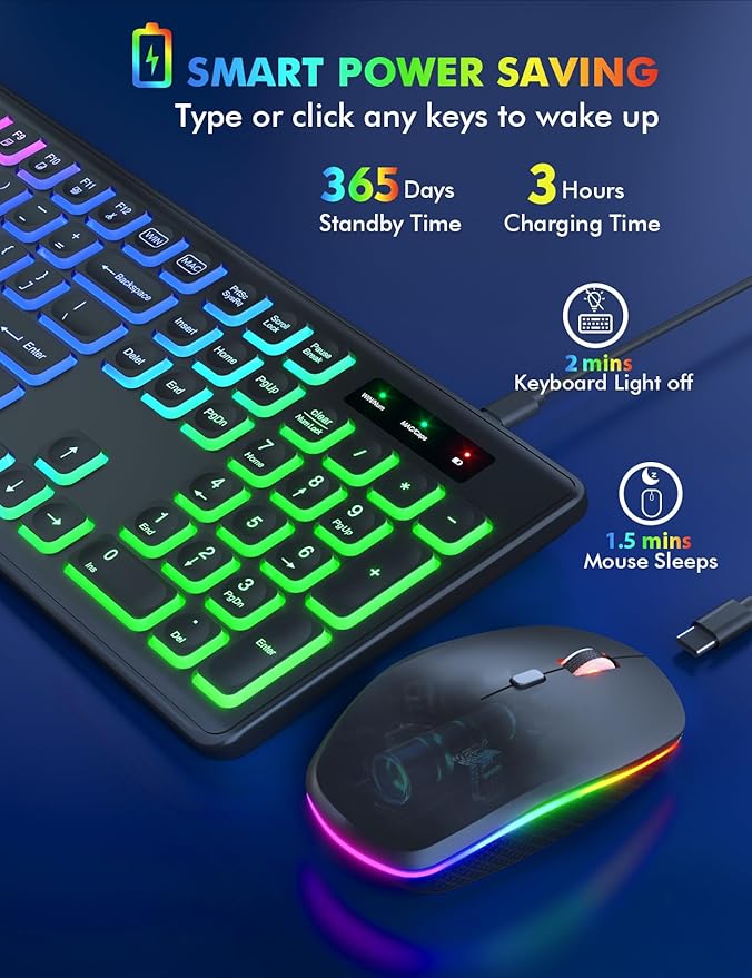 Wireless Keyboard and Mouse Combo - RGB Backlit, Rechargeable & Light Up Letters, Full-Size, Ergonomic Tilt Angle, Sleep Mode, 2.4GHz Quiet Keyboard Mouse for Mac, Windows, Laptop, PC
