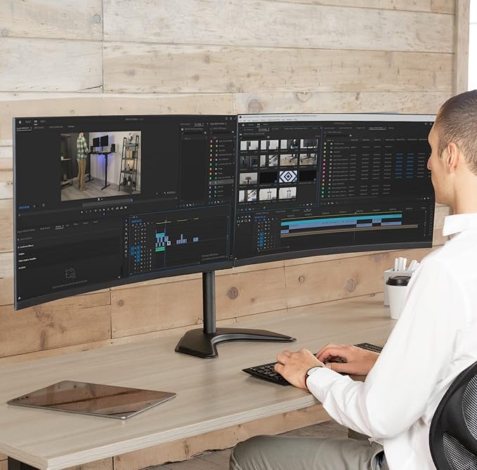 VIVO Dual LED LCD Monitor Mount, Free-Standing Desk Stand for 2 Screens up to 32 Inch, Heavy-Duty Fully Adjustable Arms with Max VESA 100x100mm, Black, STAND-V032F