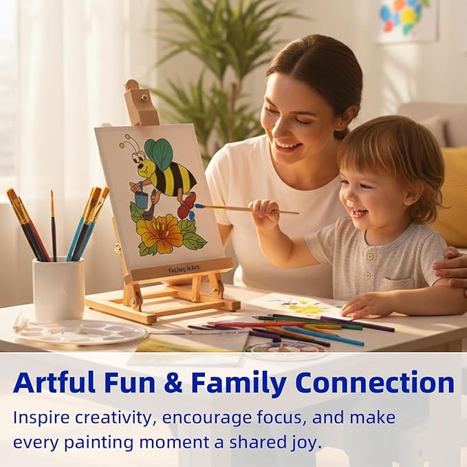 Falling in Art Painting Set for Kids with Table Easel-Acrylic Painting Starter Kit with Art Smock, 12 Acrylic Paints, 12 Water Soluble Colored Pencils, Paint Brushes, Canvas Panels and Watercolor Pad