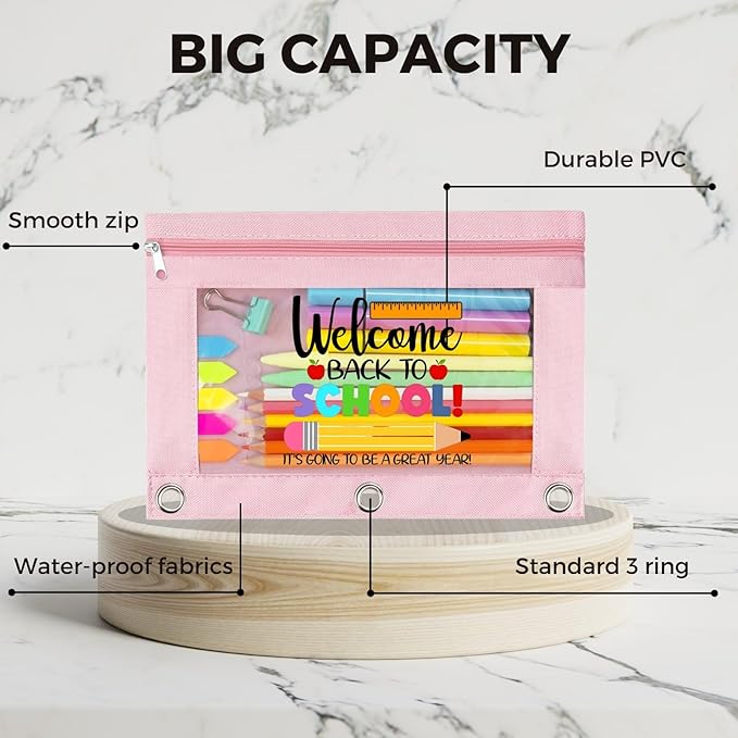 Zippered Pencil Pouch Cute for 3 Ring Binder, Welcome Back To School Clear Pen Pencil Case Bag Pink 2 Pack