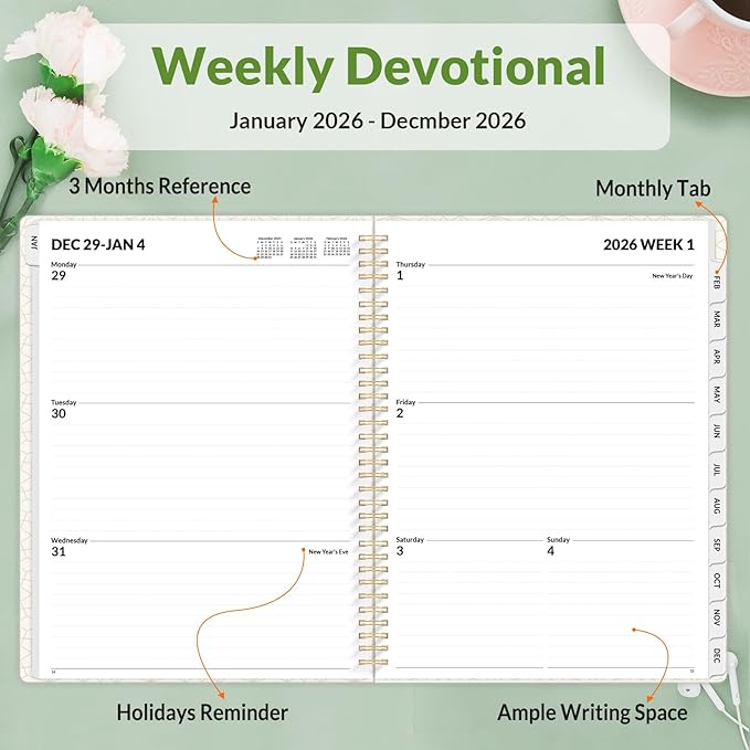 SUNEE Planner 2026 Weekly and Monthly, January 2026-December 2026, 8.5"x11", Tabs, Note Pages,Spiral Binding, Flora