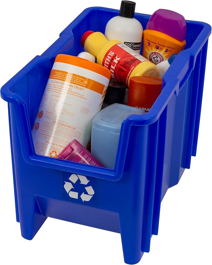 Commercial Industrial Heavy Duty Stackable Open-Front Recycling Bin Box Containers, 7 Gallon, 4 Pack, Blue