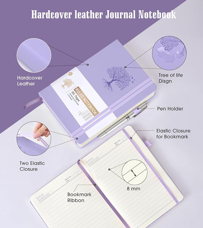 Leather Journals --ruled 365 Pages A5, Pink Hardcover for Women, Men, Note Taking, Writing, 5.75'' X 8.38'' Purple