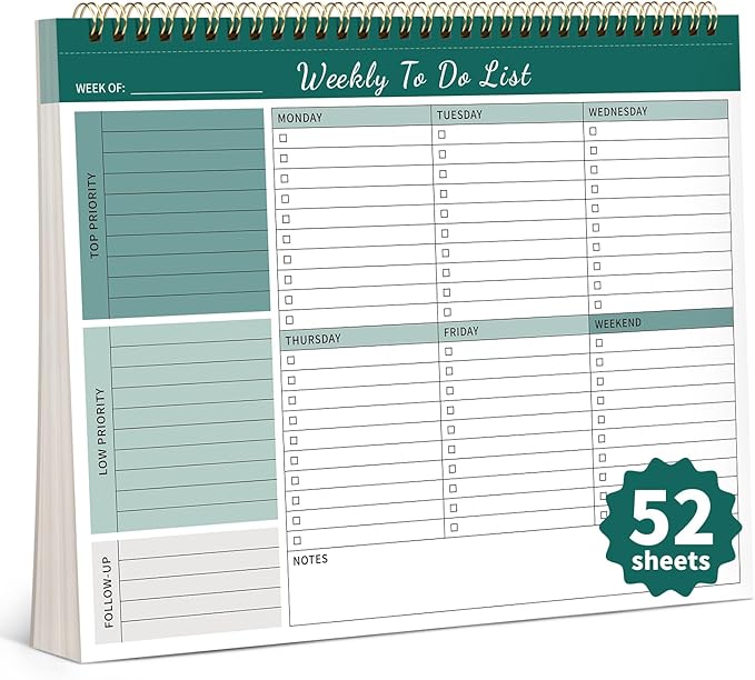 Weekly To Do List Notepad, 52 Undated Sheets 100 GSM（8.5"×11") Duplex-Printed Weekly Desk Planner For Work Home School Office Desk Accessories Supplies & Goal Setting Tasks - Green