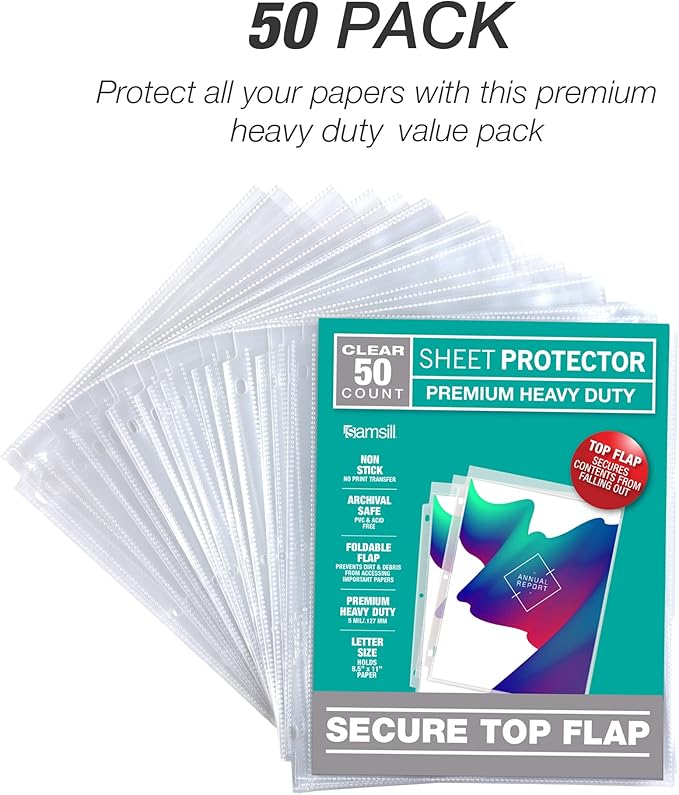 Samsill Sheet Protectors, 8.5x11 Inch Page Protectors for 3 Ring Binder, Super Heavy Duty, Secure Top Flap Protector, Letter Size, Top Loading, Acid Free, 50 Pack