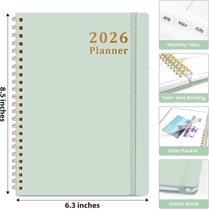2026 Planner, Weekly and Monthly Calendar Planner, January 2026 - December 2026, Hardcover 2026 Calendar Planner Book with Tabs For Women & Men, Inner Pocket, Spiral Bound, Perfect for Office Home School Supplies - A5 (6.3" x 8.5"), Mint
