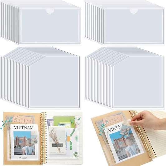 Junkin 40 Pcs Adhesive Pockets for Planners Index Card Pockets Planner Accessories Folder Self Sticky Clear Ideal Holder Top Open Add Storage Space to Notebooks Journal Office School Vinyl, 2 Styles