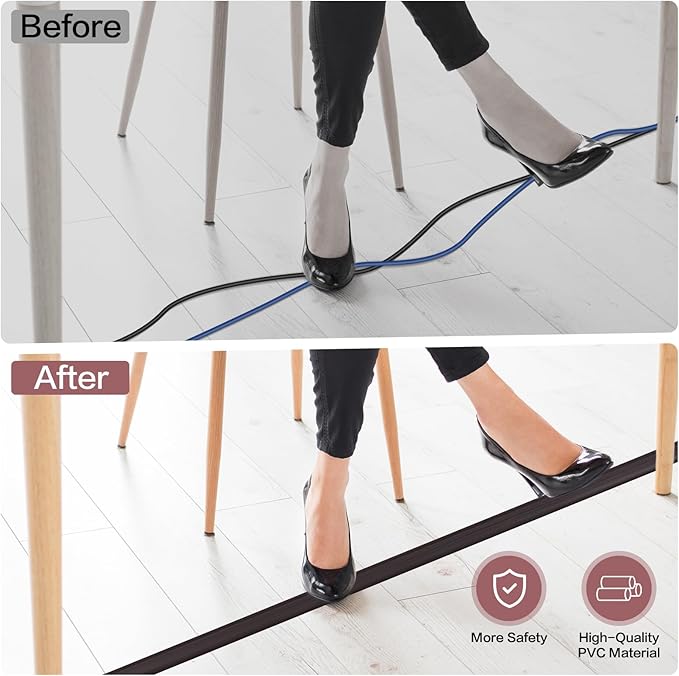 Floor Cord Cover Self Adhesive Cord Hider Floor Extension Cord Covers for Floor Power Cord Protector Cable Management Prevent Cable Trips Cable Cavity 0.32" W x 0.32" H (Dark Walnut, 20Ft)