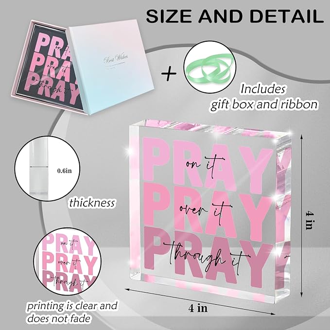 Ideal Christian Gifts for Women - Pray On It,Pray Over It - Bible Verse Desk Art,Pink Inspirational Decor, Pink Dorm Room Decor for Women, Measuring 4 x 4 inches with Gift Box and a Ribbon