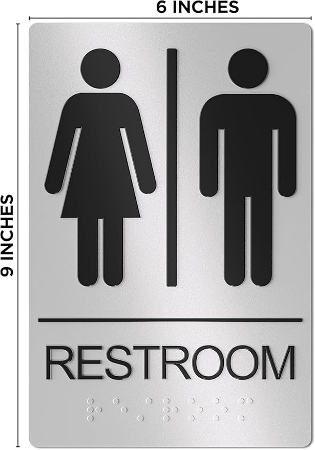 Unisex Bathroom Signs, Restroom Sign For Business - For Men and Women - 2 Pack - 9" by 6" - ADA Compliant with Braille - Strong Double-Sided Adhesives Included - Apply to Office, Home, Public Door/Wall