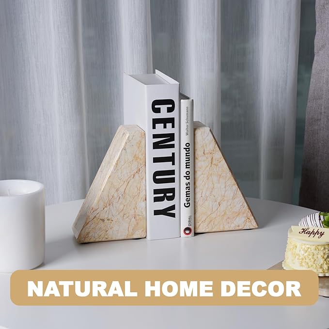 Marble Bookends，Natural Decorative Bookend for Shelves, Non-Skid Book End for Heavy Books, Idea Book Stoppers & Holder for Desk Bookshelf Decor, Modern Home Decor Cream Color Book Ends, Set of 2