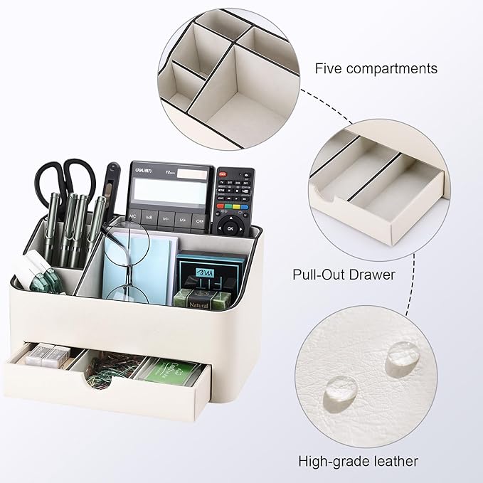 KINGFOM Desk Organizer with Drawer, Multifunction Pencil Holder for Desk, Desk Organizer and Accessories 5 Comparetments for Home Office Supplies (Ivory White)