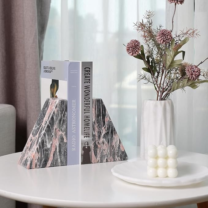 Koville Marble Bookends for Shelves, Large Bookends for Heavy Books, Natural Stone Book Stopper for Books CD Movies, Aesthetic Decorative Book Ends (Grey&Pink)