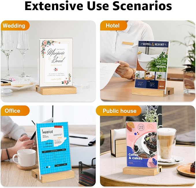 MaxGear L/T Shape Acrylic Sign Holder, 4 X 6 Clear Table Display Stand with Wooden Base, Flyer Menu Holder Photo Frames Paper Stand for Office, Wedding, Restaurants, Hotels 3 Pack