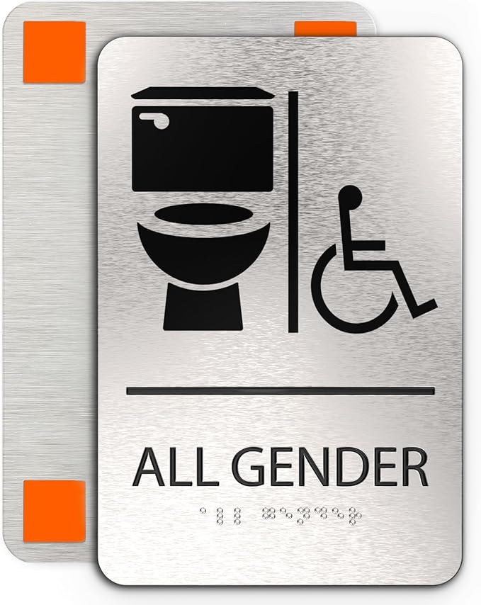 ADASigns All Gender Bathroom Sign with Wheelchair Symbol Sign – 6" x 9" Durable Brushed Aluminum with Braille & Strong Adhesive Tape – Weatherproof ADA Compliant Bathroom Signs for Home & Business