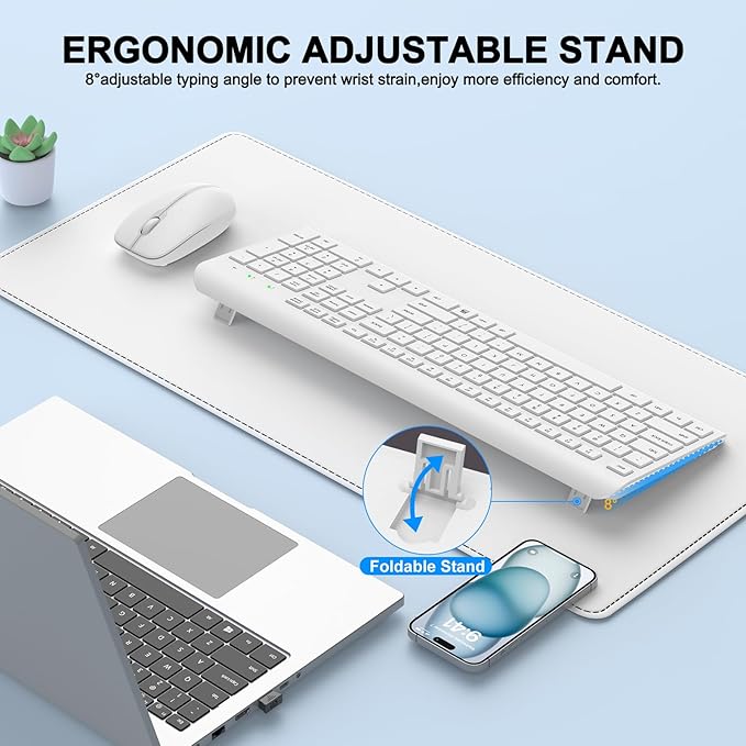 Wireless Keyboard and Mouse Combo, Full Size Silent Ergonomic Keyboard and Mouse, Long Battery Life, Optical Mouse, 2.4G Lag-Free Cordless Mice Keyboard for Computer, Mac, Laptop, PC, Windows(White)