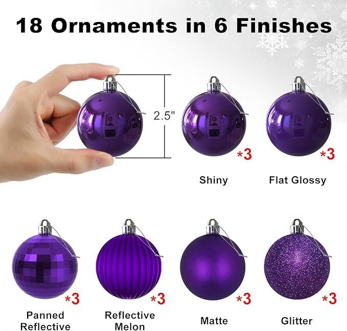 18Pcs Christmas Balls Ornaments for Xmas Tree - Shatterproof Christmas Tree Decorations Medium Hanging Ball Purple 2.5in x 18 Pack