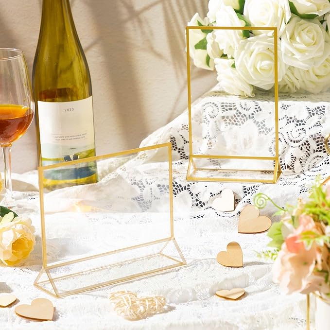 24 Pack Gold Picture Frames 4 x 6 Inch Clear Acrylic Sign Holders Double Sided Display Frames Bulk with Stand 2 mm Gold Border for Table Numbers Wedding Party (Horizontal, Vertical)