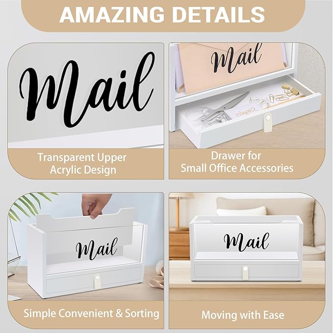 Two-Layer Solid Wooden Mail Storage Organizer Holder with Clear Acrylic Top and Bottom Drawer, Leather Handle, Keeping Mail, Bills, Letters, Cards and Office Supplies in One Place, Home Decor Gifts