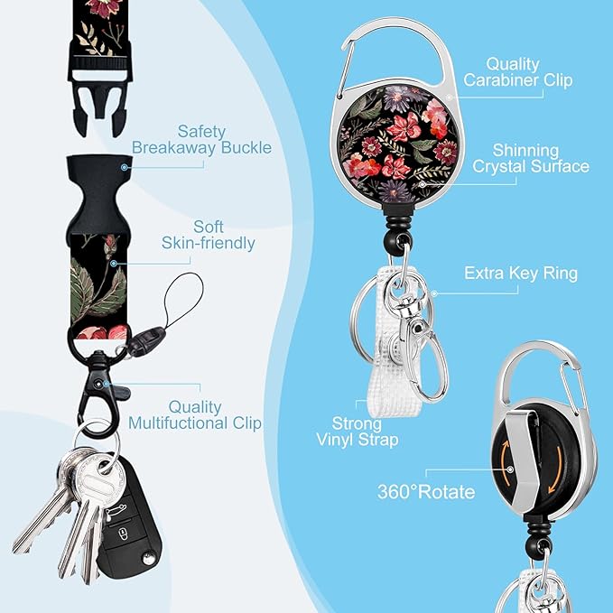 Flower ID Badge Holder with Breakaway Lanyard, Fashionable Lanyards for ID Badges Women, Cute Floral Badge Reel Retractable, ID Card Holder Keychain Name Badge Clip, Nurse Teacher Gifts