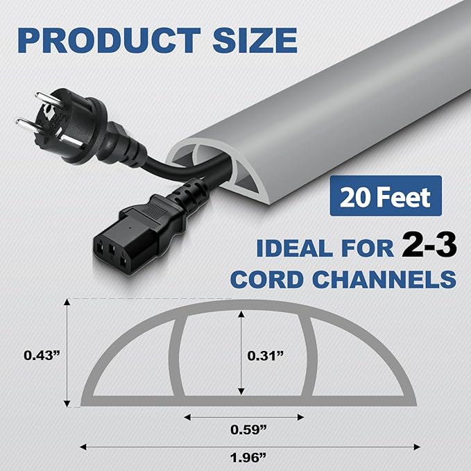 Floor Cord Cover for Wires on Floor Self Adhesive Cord Hider Floor Cable Management Wire Covers for Cords Protector Prevent Cable Trips Cord Cavity W 0.59" x H 0.31", Gray, 20Ft